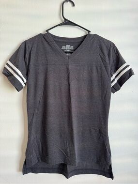 Women's Black V-Neck Short Sleeve Tee with White Sleeve Stripes